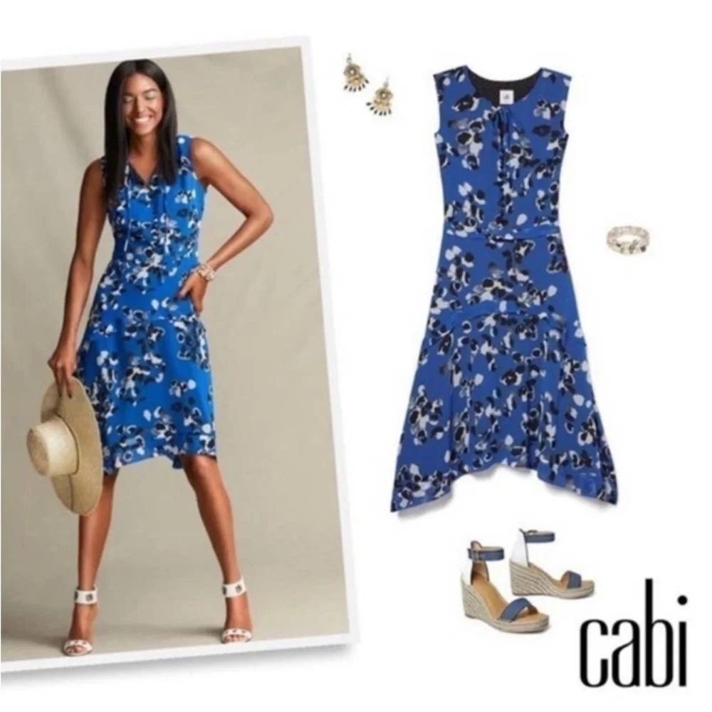 Cabi #5576 Untamed Electric Blue Mixed Floral Print Sleeveless Polka Dot Dress M
